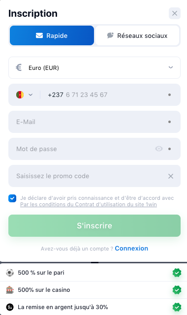 Interface 1win app (apk, ios) sur smartphone